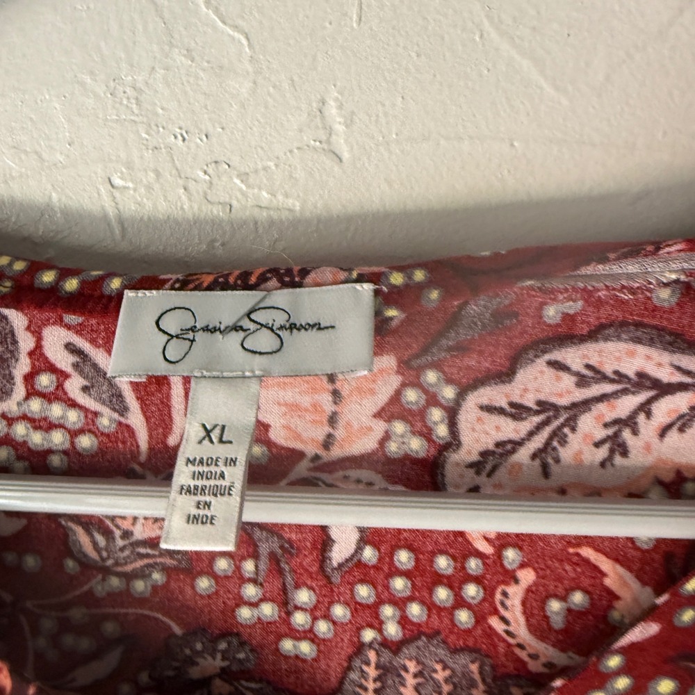 Jessica Simpson Burgundy Floral Print Tassel Neck Long‎ Slv Blouse XL Fall Boho - Picture 6 of 7
